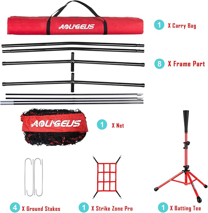 7'X7' Baseball Softball Practice Net,Pitching Net,Batting Net,with Baseball Tee,Bonus Strike Zone and Bow Frame,for Hitting,Pitching, Catching