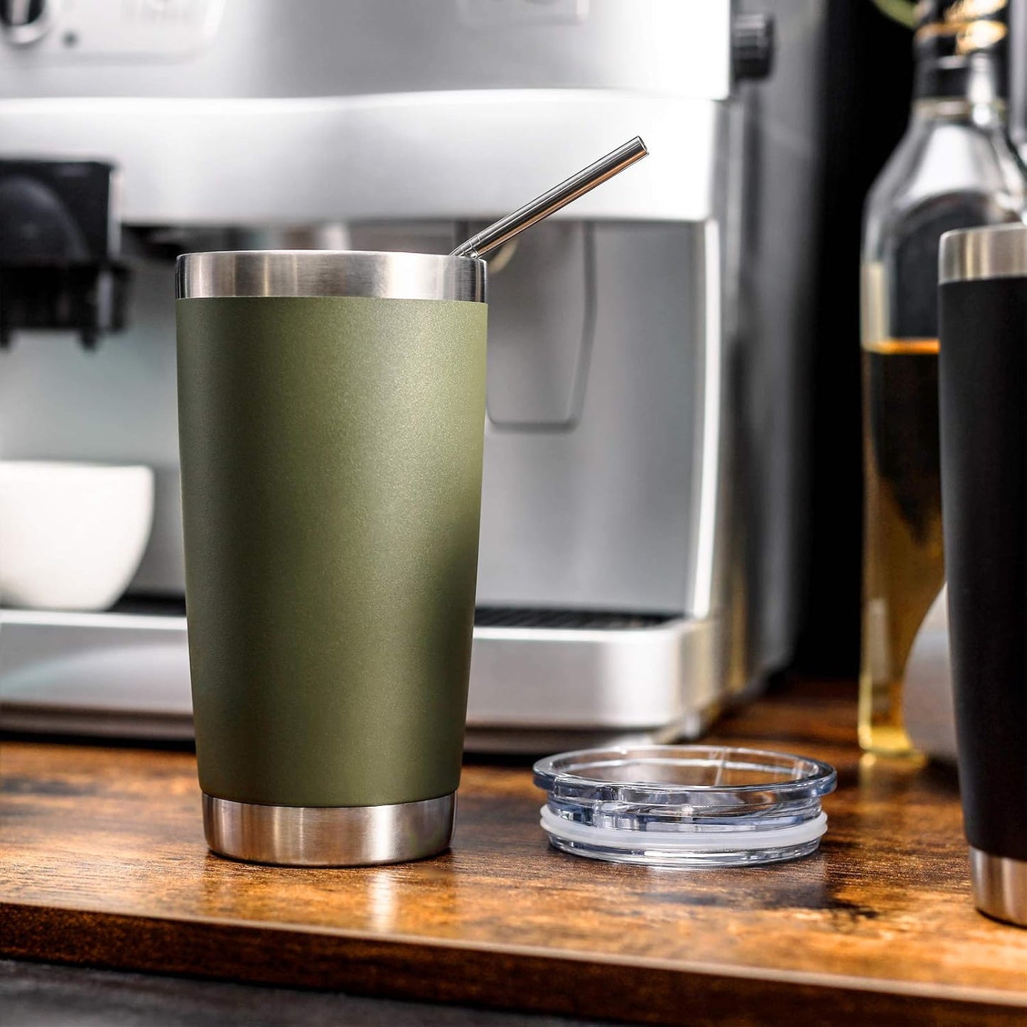 COMOOO 20oz Double Wall Vacuum Insulated Travel Mug, Stainless Steel Tumbler with Lid and Straw Durable Powder Coated Insulated Coffee Cup for Cold & Hot Drinks(Army Green, 1 Pack)