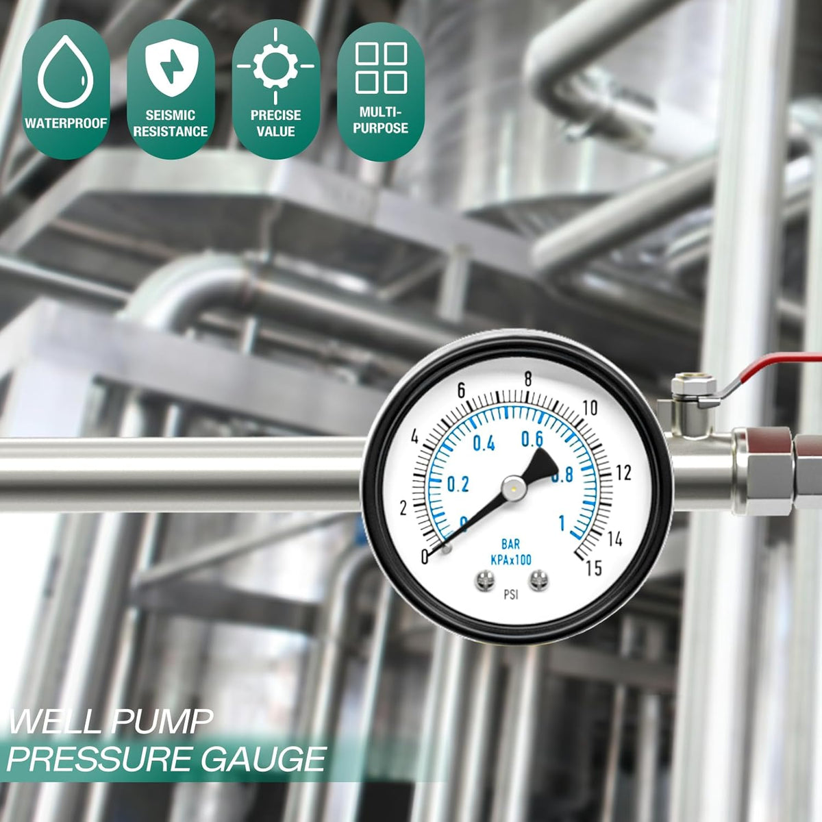 0-15PSI Well Pump Pressure Gauge 2" Dial Size, 1/4" NPT Back Mount, 3-2-3% Accuracy, for Tube, Water Pump, Gas, Liquid, Pressure Test