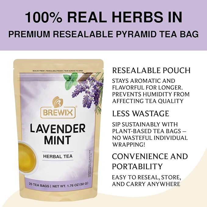 BREWIX, Lavender Mint (25 Pyramid Tea Bags) | Herbal, Caffeine Free, Lavender with Peppermint and Rosemary