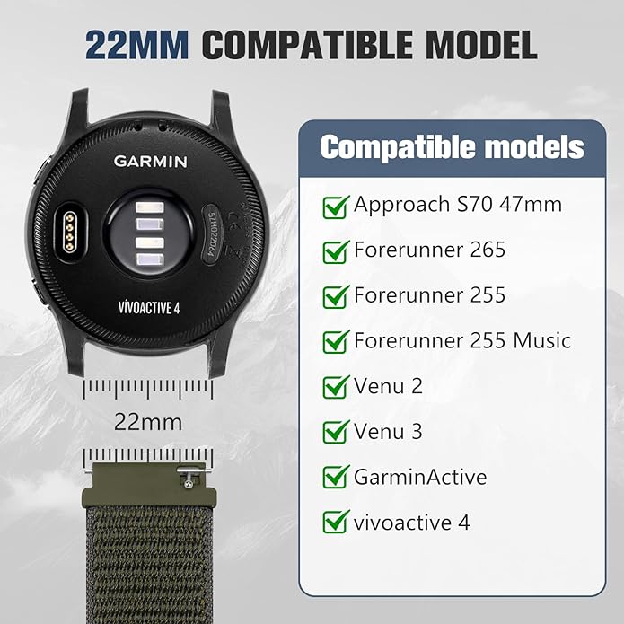 18mm 20mm 22mm Hook and Loop Watch Band Compatible with Garmin Vivoactive 5/ Vivoactive 6/ Vivoactive 3, Soft Nylon Breathable Sport Strap for Venu 2S/ Venu3S/ Forerunner 265s,Venu 3/ Venu 2 Men Women