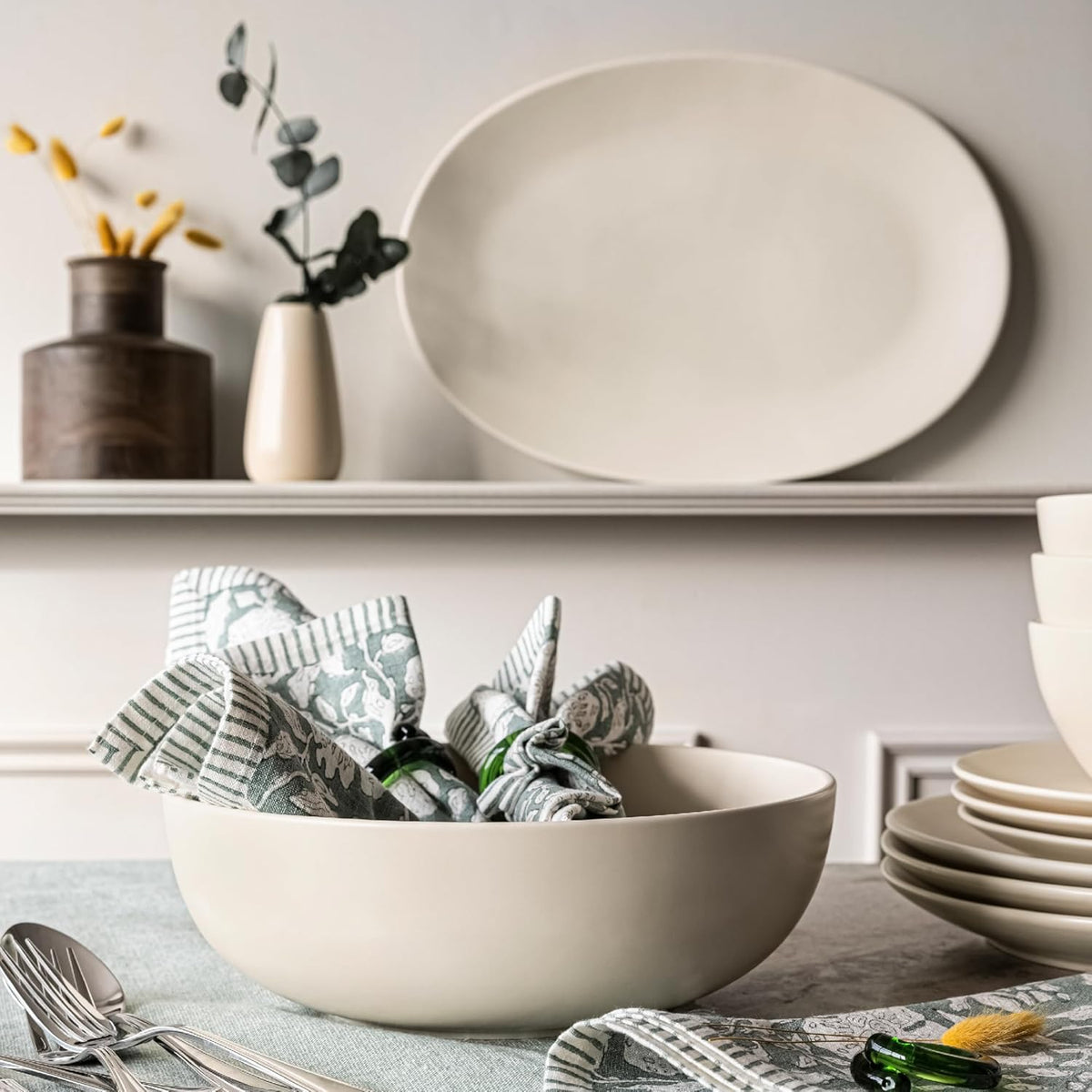 over&back Coupe Stoneware Serving Platter - Elegant 1-Piece Oval Serving Platter to Complete Your Kitchen Set - 16.4" x 11.5" - Semi-Matte Ivory