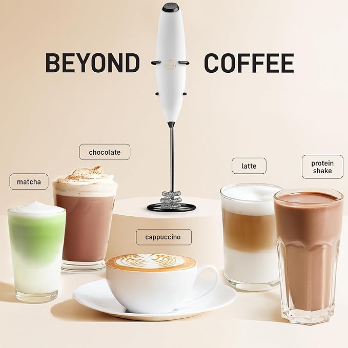 Zulay Kitchen Tornado Whisk Milk Frother with 4 AA Duracell Batteries - Triple Whisk for More Power - Handheld Coffee Frother with Stand - Drink Mixer for Lattes, Matcha & Protein Shakes