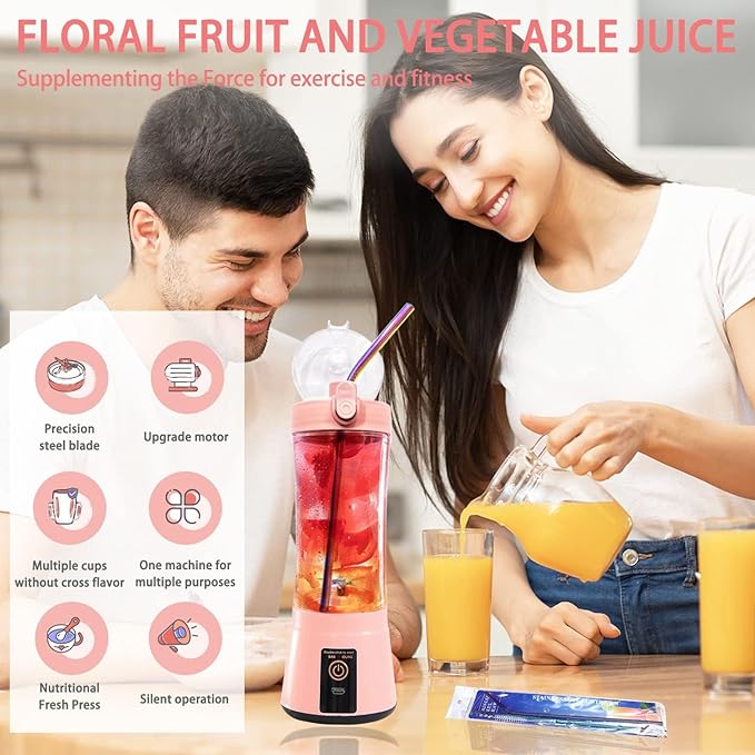 13.5oz Portable Blender for Smoothies, Shakes, and Juices - USB Rechargeable Mini Blender Cup With Protection Design for Home, Office, Outdoors - Multi-purpose Pink A4221