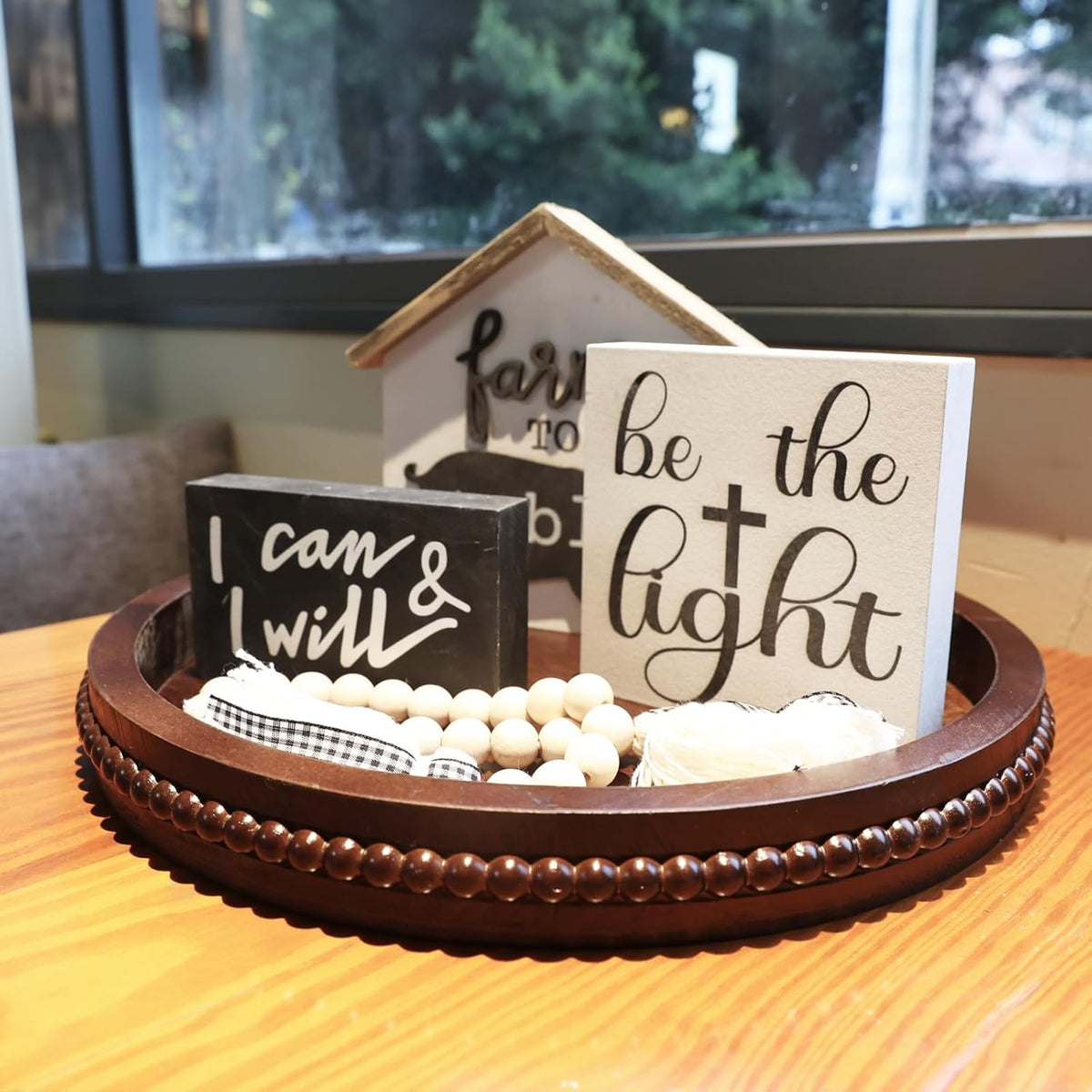 Wood Decorative Serving Tray with Bead, Round Vintage Wooden Ottoman Tray for Home Centerpiece, Counter Organizer, 13” Circle Tray for Kitchen, Living Room (Dark Brown)