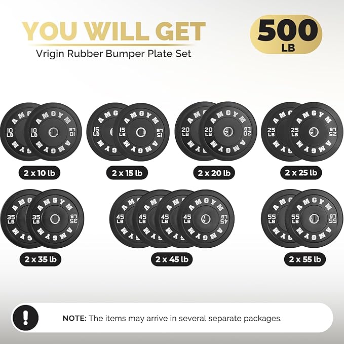 2 Inch Bumper Plates,10-500lbs,Barbell Rubber Olympic Weight Plates Set for Home Gym, Strength Training & Weight Lifting, Multiple Options Colors