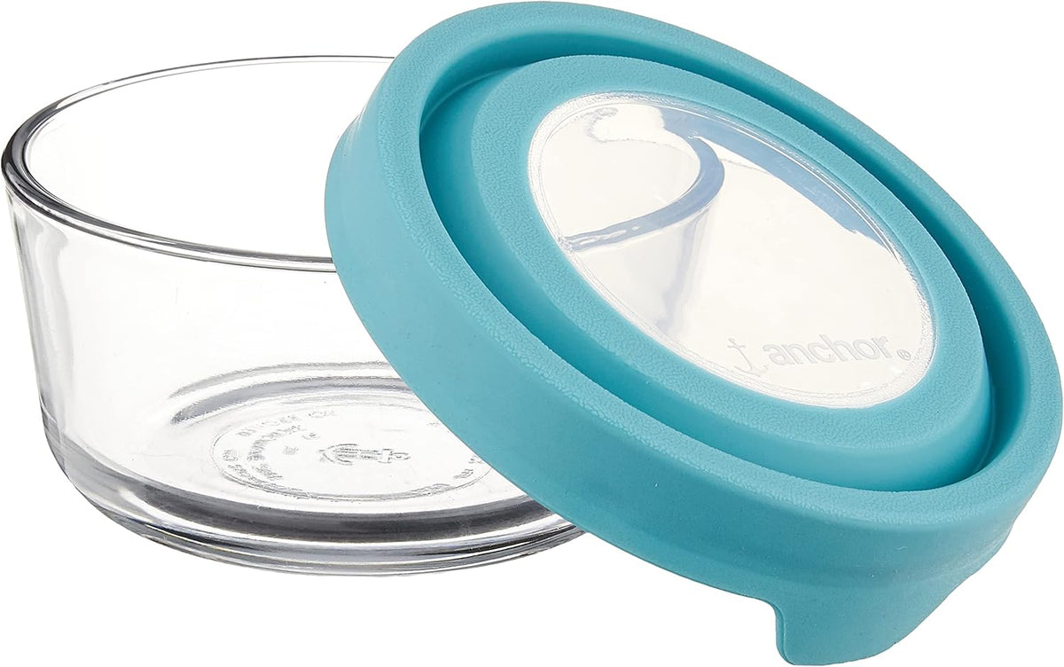 Anchor Hocking 2 Cup Glass Storage Containers with Lids, Set of 6 Glass Food Storage Containers with Mineral Blue TrueSeal Lids
