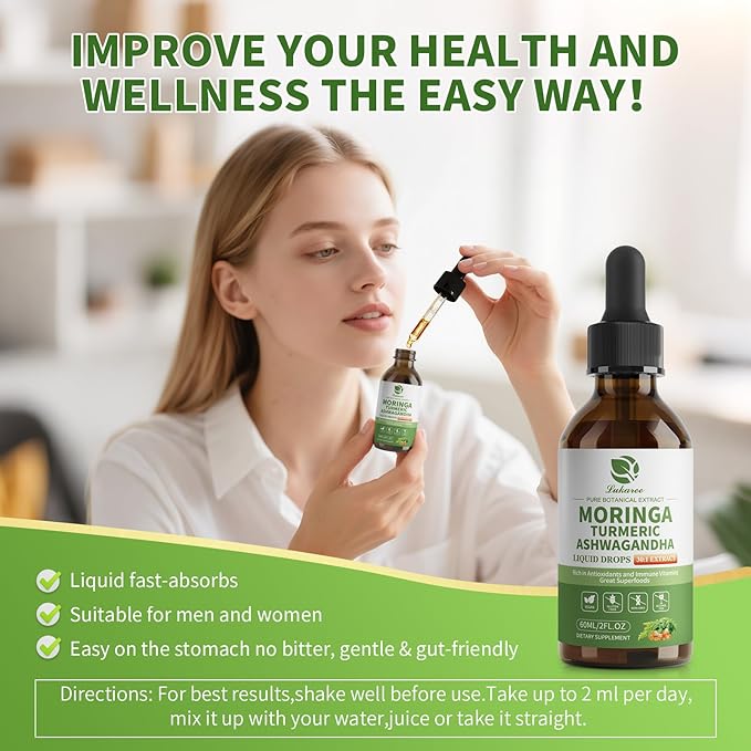 12-in-1 Lipsomal Moringa Leaf Drops with Ashwagandha Turmeric Quercetin, 98% Absorption & 30:1 Pure Moringa Extract for Energy Immune Joint Digestive Support, Vegan Non-GMO Gluten-Free