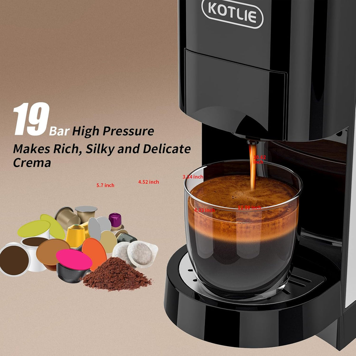 KOTLIE 19Bar Single Serve Coffee Maker, 5in1 Espresso Machine for Keu* kcup Capsules/Nespresso Original/Dolce Gusto/Ground Coffee/44mm ESE, Level 7 Water volume, Hot&Cold Brew Coffee Machine
