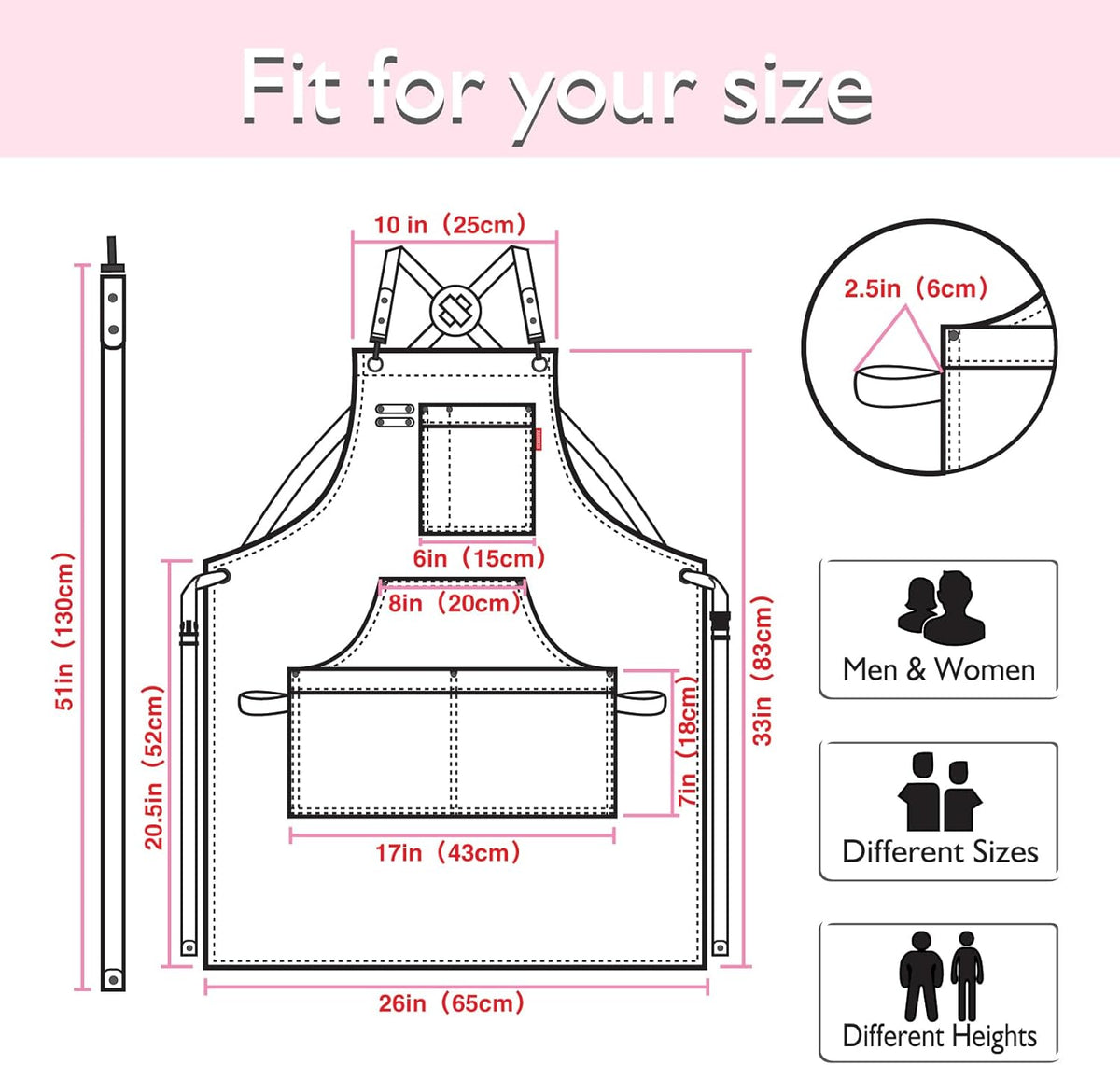 5 Pack Kitchen Apron, Work Apron, Canvas, Multiple Pockets, Gardening, Painting, BBQ, Artist, Carpenter, Sizes M to XXL, Pink