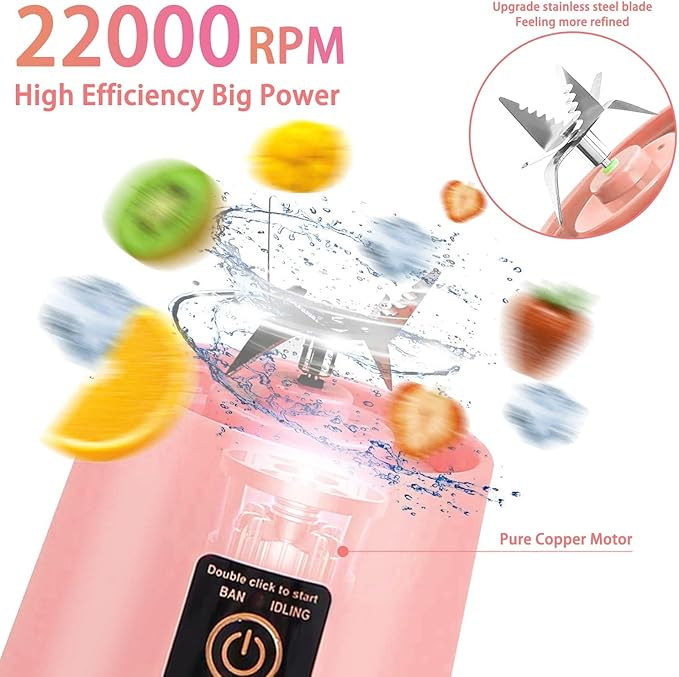 13.5oz Portable Blender for Smoothies, Shakes, and Juices - USB Rechargeable Mini Blender Cup With Protection Design for Home, Office, Outdoors - Multi-purpose Pink A4221