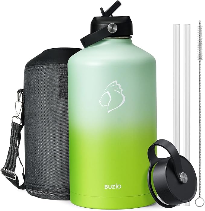 BUZIO 128oz Gallon Water Bottle, Insulated Water Jug with Straw Lid and Carrying Sleeve (Cold for 48 Hrs) Stainless Steel Hydro Metal Canteen Water Flask, Gradient Green