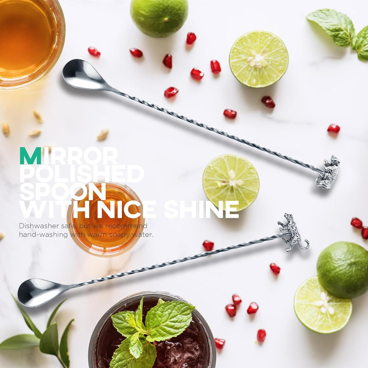 Homestia 2 Pcs Bar Spoon, 12 Inch Stainless Steel Cocktail Mixing Spoon, Long Handle Drink Mixing Spoons for Mixing Glass and Shaker, Cocktail Stirrer Sets with Leopard Bear End (Silver)