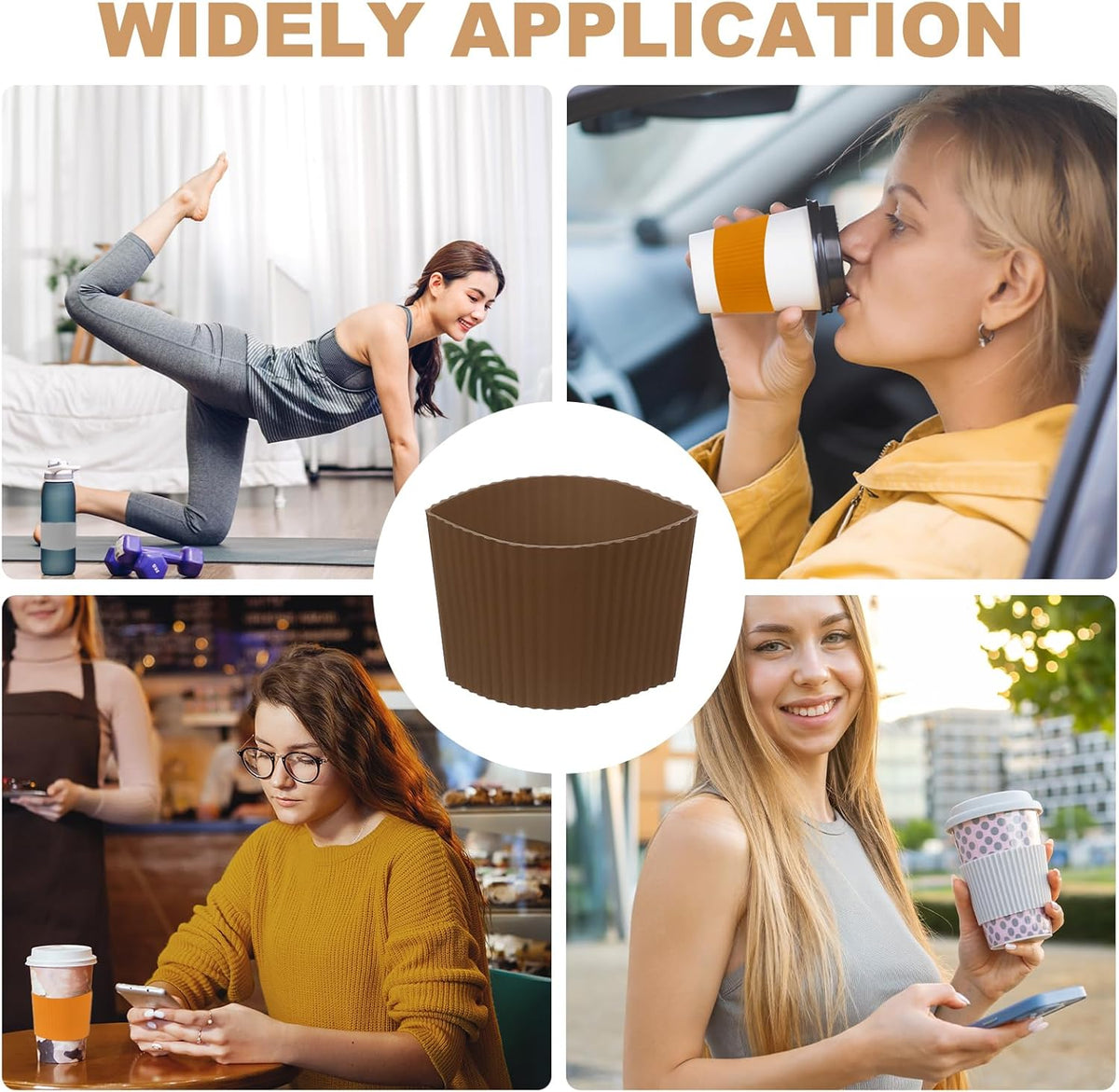 uxcell 6Pack Coffee Cup Sleeves, Reusable Silicone Heat Resistant Cups Protective Sleeve Nonslip Mug Protector Cover for Home Travel Mugs Glasses Water Bottle Boots, Coffee-colored