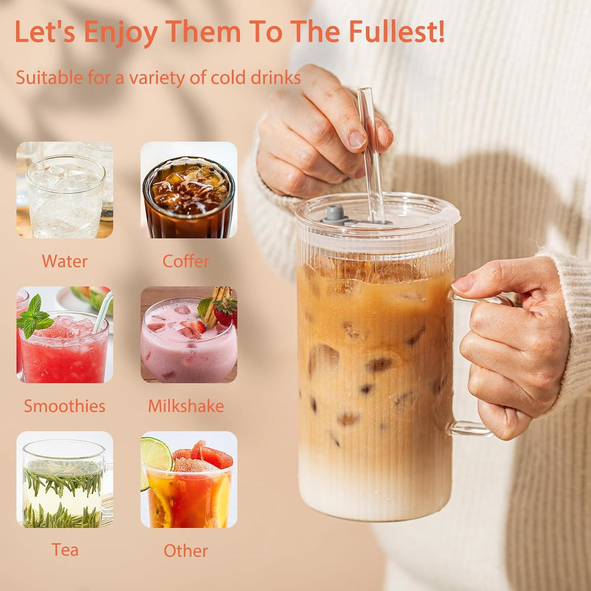 26oz Large Ribbed Glass Tumbler with Handle and Lid - Set of 2, Clear Glass Cups with Reusable Straws, Vertical Striped Design - Perfect for Iced Coffee, Tea, Smoothies, and Cocktails