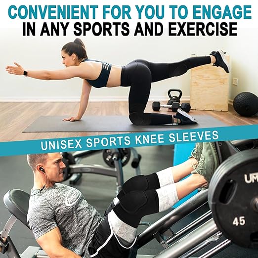 2 Pair Stretchy Knee Pads Knee Brace Sleeve for Men Women Youth Protective Knee for Volleyball Football Dance Tennis Running Cycling Workout Climbing Jogging (black and grey, Large)