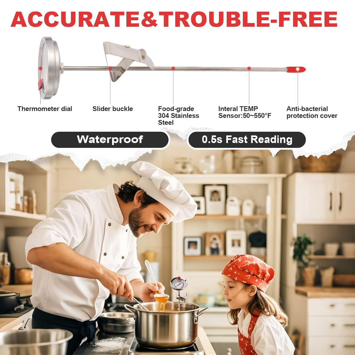Candy Thermometer Waterproof - Oil Thermometer for Frying with Clips - 9" Side of Pot Thermometer Deep Fry for Oil Candy Candle BBQ - Silver