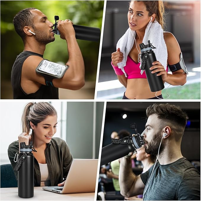 40 oz Insulated Water Bottle with Straw& Spout 2-in-1 Lid, Triple Wall Vacuum Stainless Steel Cold 48H, Leak Proof Sports Metal Flask Jug with Paracord Handle, Black