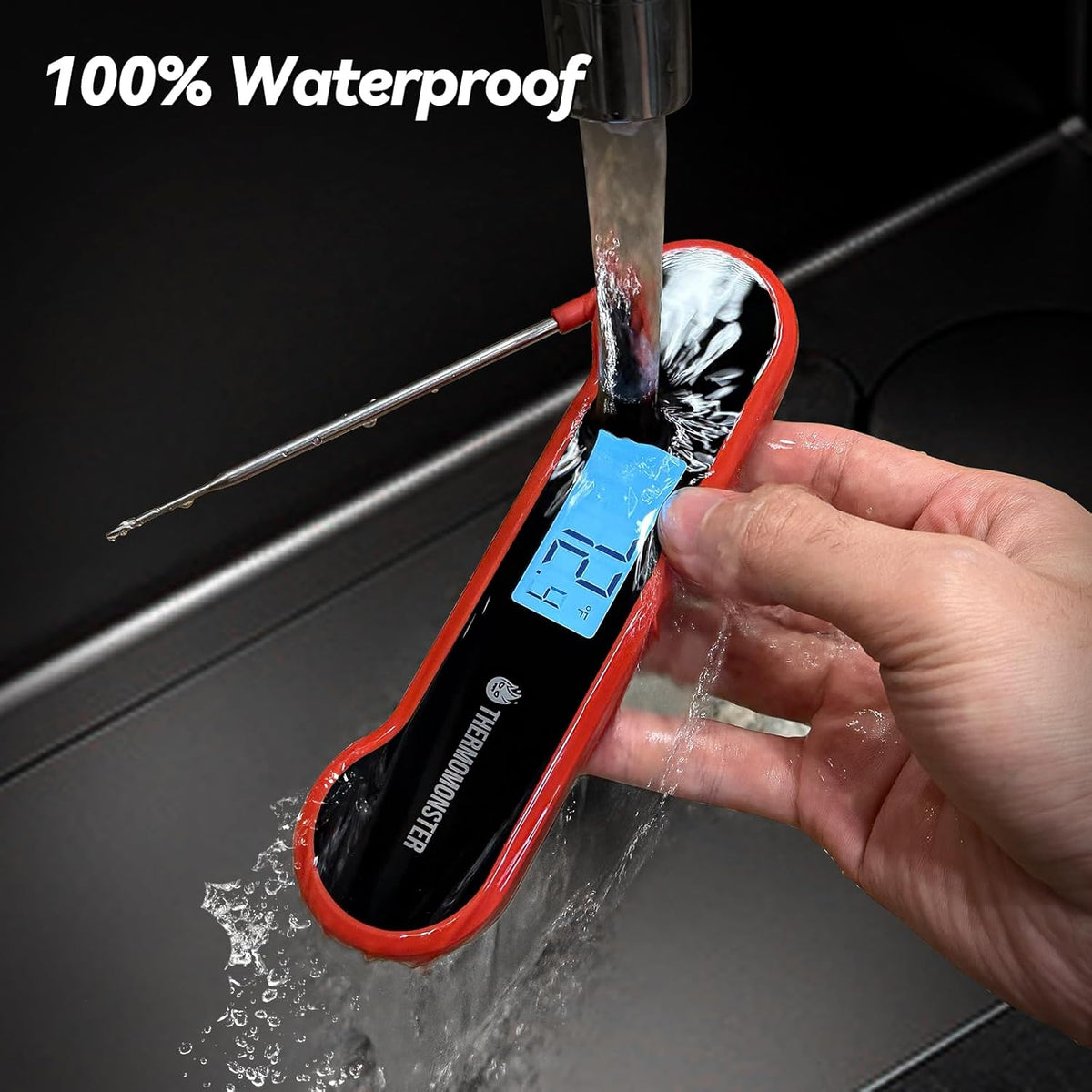0.5 Sec Instant Read Meat Thermometer Digital with ±0.5℉ Precision, 100% Waterproof Auto Flip Bright LCD Screen, Motion Sensing Food Thermometer for Cooking Kitchen Oven Grill Candy BBQ, Red