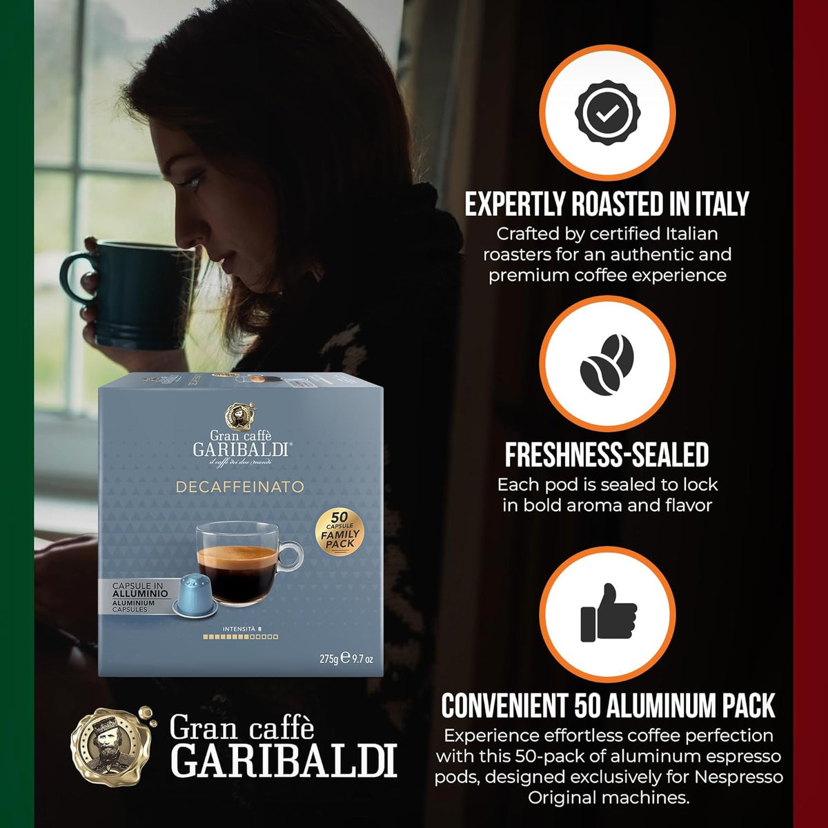 Gran Caffè Garibaldi Decaffeinated Espresso Pods, Italian Roast Coffee, Decaf Capsules Compatible with Nespresso Original Line Machines, Nitrogen Flushed, Intense & Rich Aroma - Decaffeinato (Aluminum) 50 Cups