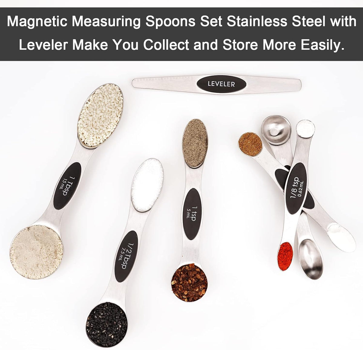 Aovchei 7 PCS Magnetic Measuring Spoons Set, Dual Sided, Stainless Steel Small Tablespoon, Teaspoons, Fits in Spice Jars, for Dry and Liquid, Black