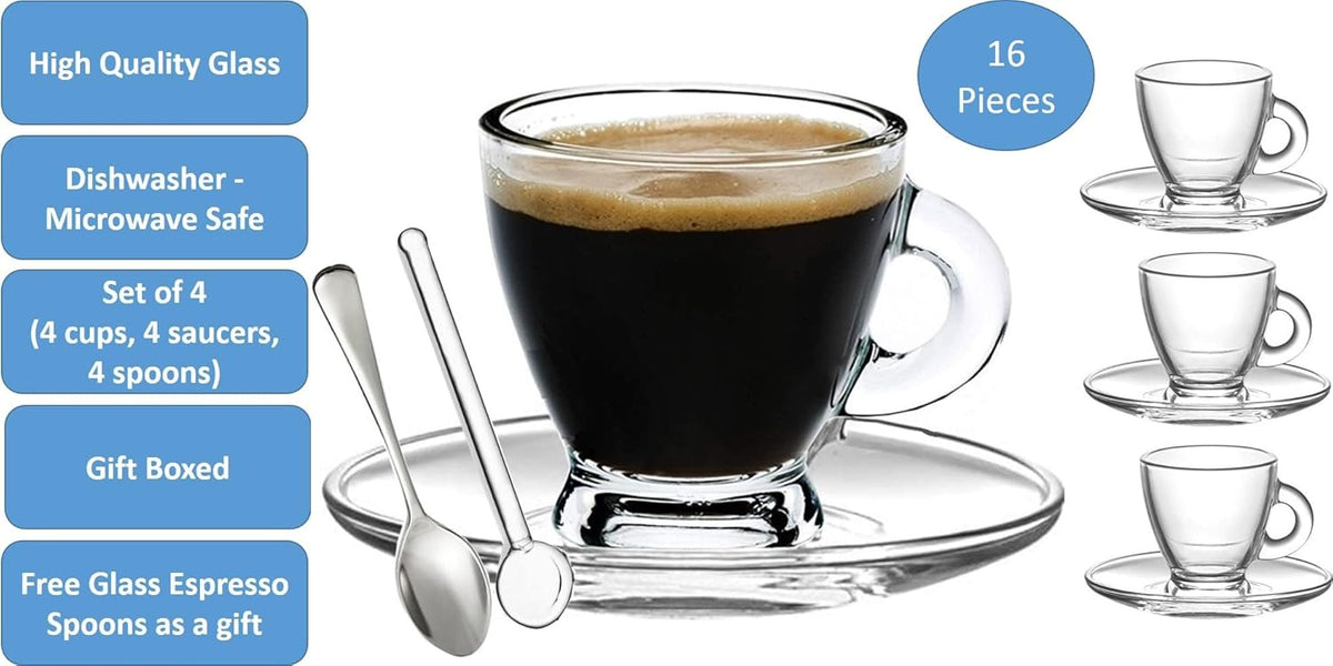 BOHEM'S Espresso Cups, 3.2 oz Small Demitasse Clear Glass Espresso Drinkware, Set Of Cups, Saucers and Stainless Steel mini Spoons + Free Glass Spoons (set of 4)