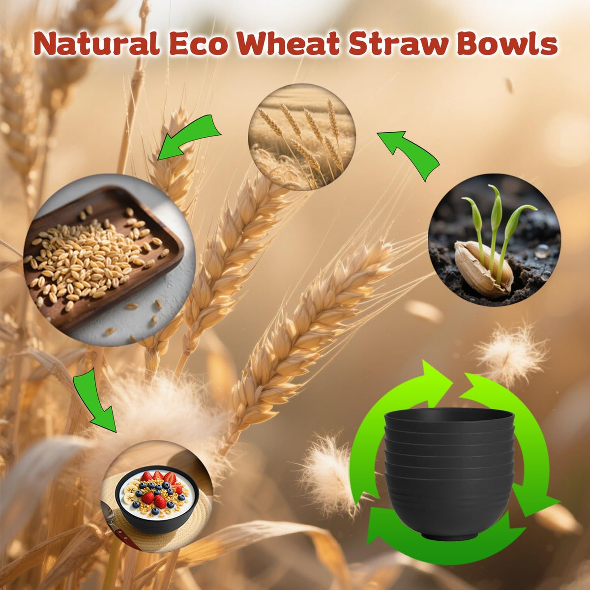 Wheat Straw Camping Bowls Sets of 6,Unbreakable 26oz Lightweight Bowls Sets for Outdoors Activity,Breakfast Bowls for Cereal and Salad.Black Series