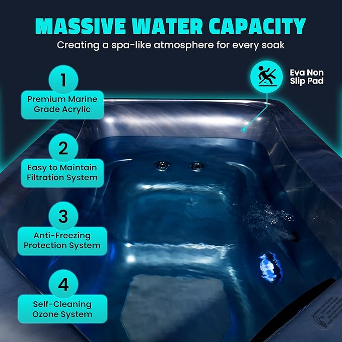 Borealis 69-in. All-in-One Cold Plunge and Hot Tub with Built-in Chiller | Acrylic Interior with 2 Jets, Bluetooth Speakers, Lights, WiFi App Control Chiller for Indoor/Outdoor Use – Blue