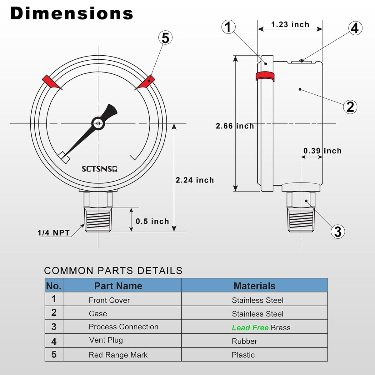 0 to 160 Psi Lead-Free Pressure Gauge, Glycerin Liquid Filled, 2.5 inch Dial, 1/4" NPT Lower Mount, Stainless Steel Case, for Regulator, Potable Water Pump, RV Hose, Well, Air, Pressure Test