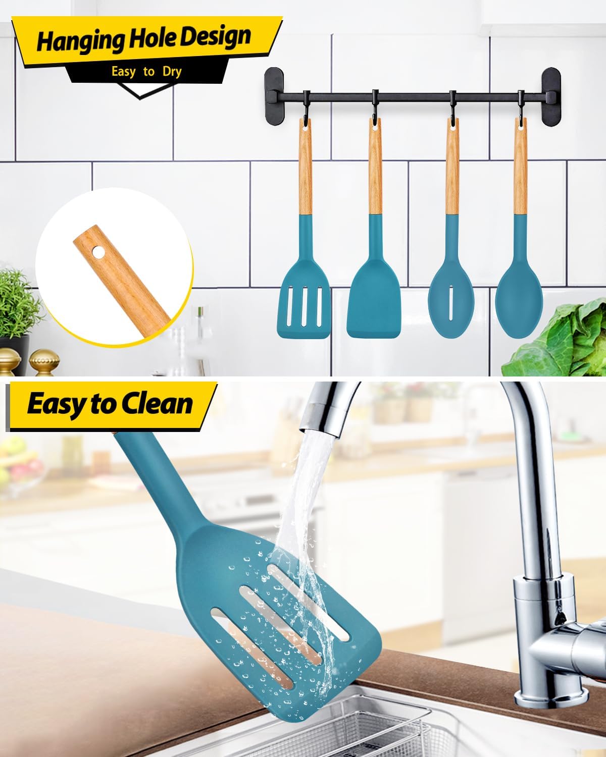 Pack of 4 Silicone Cooking Utensils Set, Non Stick Solid Spatulas and Heat Resistant Slotted Spoons with Wooden Handle, Ideal Wood Kitchen Utensils Set for Frying,Serving,Turning,Stirring (BLUE)
