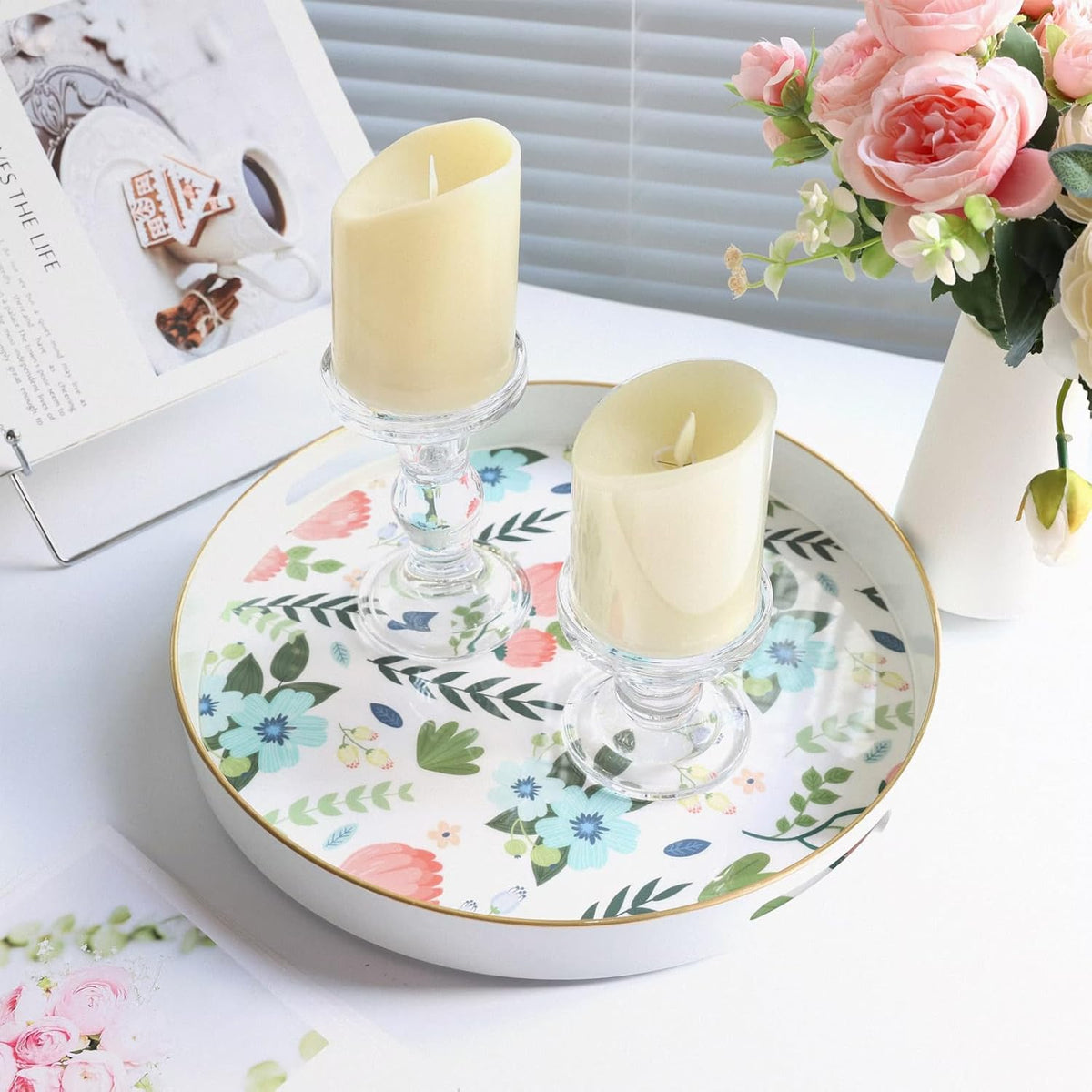 Round Serving Tray with Handles, Modern Floral Pattern, Perfect for Coffee Table, Ottoman, or Vanity, Lee33wh Color, Plastic Material