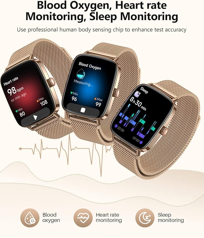 2025 Smart Watches for Women, 1.85" AI Voice Smartwatch, 24/7 Heart Rate Monitor, Stress/SpO2/Sleep Tracker, IP68 Waterproof, Weather, 100+ Sports Fitness Tracker for Android iOS Gold Metal