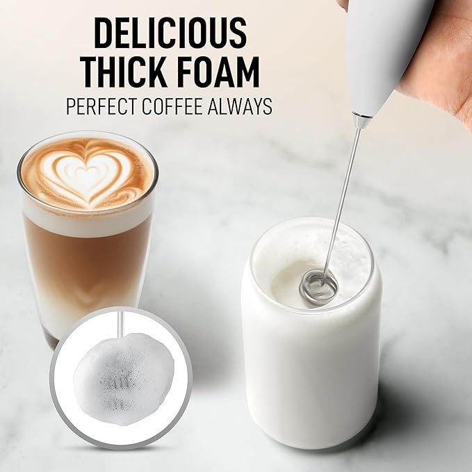 Zulay Kitchen Powerful Double Whisk Milk Frother Handheld - Foam Maker With Stand - Whisk Drink Mixer for Coffee, Mini Foamer for Latte, Matcha, Frappe, Hot Chocolate & Cappuccino (Blizzard White)