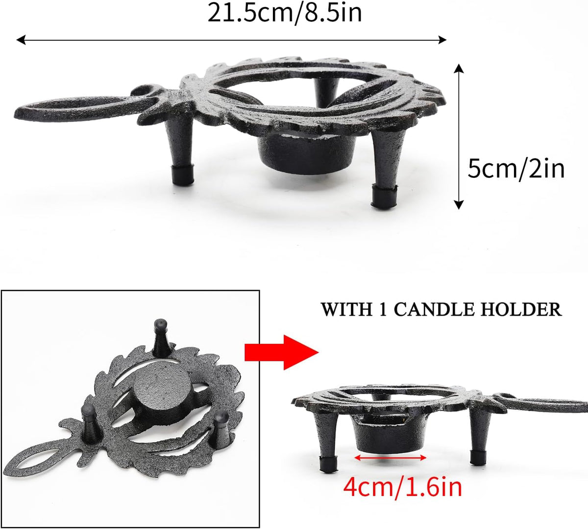 Sungmor Cast Iron Tealight Warmer with Pretty Flame Shape Design, Functional Table Trivet Candle Holder for Warm Dishes, Pots, Soups, Milks, Teas, Coffee, Great Heater for Melt Butter, Sealing Wax