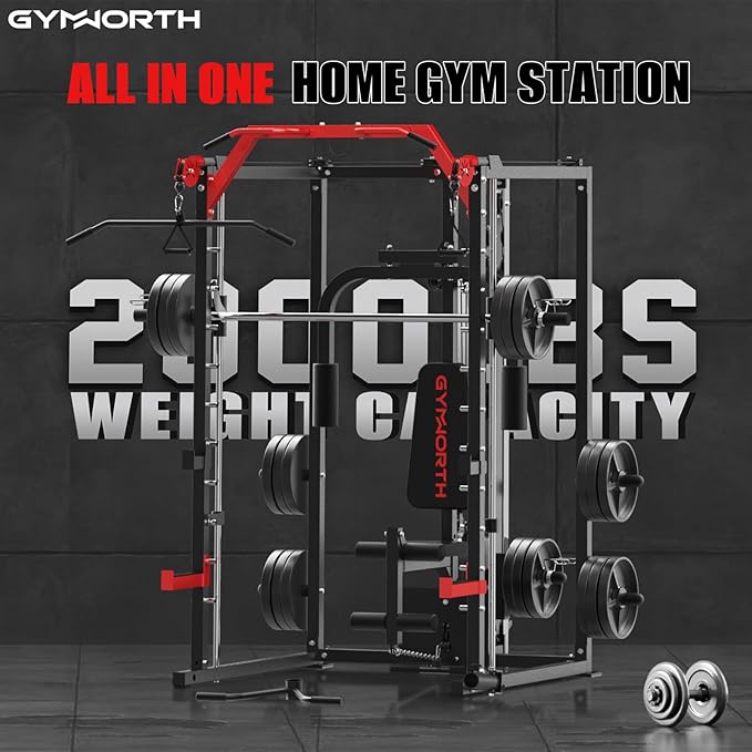Smith Machine, Power Rack with LAT Pulldown System, Power Cage with Cable System, Squat Rack for Home Gym with Chest Press Machine, Spotter Arms, Leg Curl Attachment and More