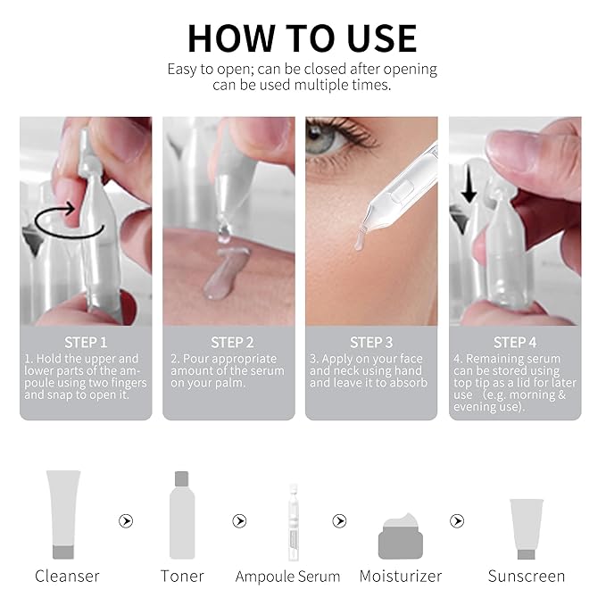 Brightening Hydrating Facial Serum Ampoules, with Niacinamide, Tranexamic Acid & 3‑O‑Ethyl Ascorbic Acid (Vitamin C), Alpha‑Arbutin, Madecassoside & Panthenol for Smooth, Dewy Skin