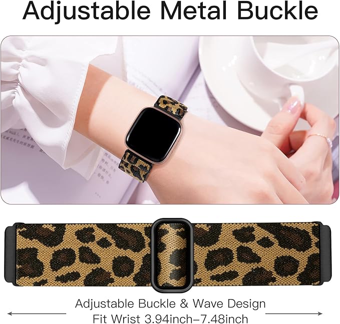 2 Pack Elastic Bands Compatible with Fitbit Versa 2 & Versa Lite Bands for Women & Men, Adjustable Sport Stretchy Nylon Solo Loop Strap Wristbands, Black & Leopard