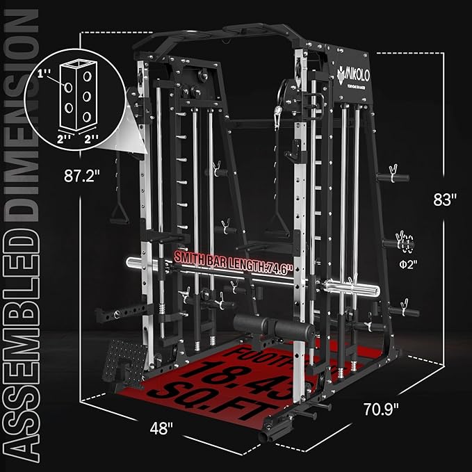 Mikolo Smith Machine, 2200lbs Squat Rack with LAT-Pull Down System & Cable Crossover Machine, Training Equipment with Leg Hold-Down Attachment