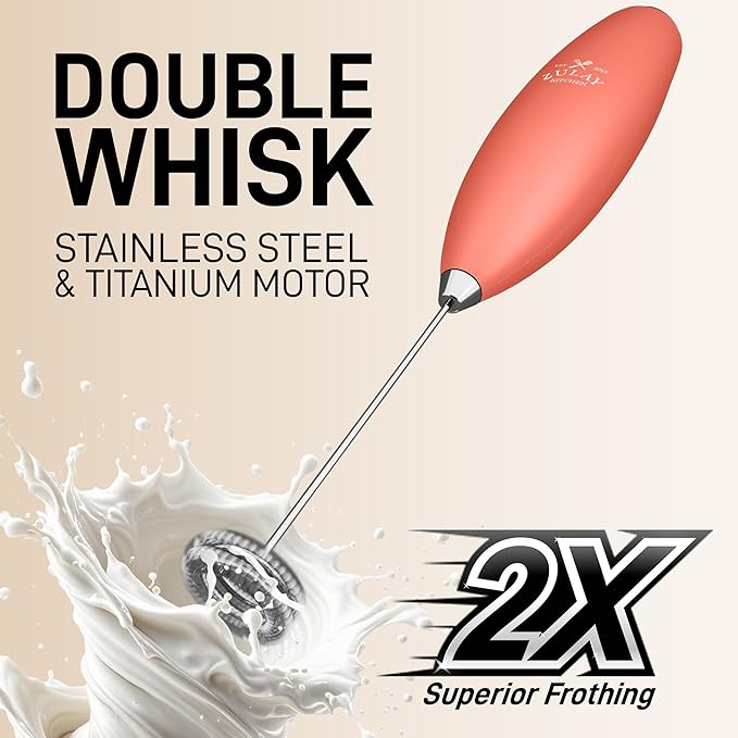 Zulay Double Whisk Milk Frother Handheld Mixer - High Powered Frother For Coffee With Improved Motor - Electric Whisk Drink Mixer For Cappuccino, Frappe, Matcha & More, Twin Whisk (Peaches N Cream)