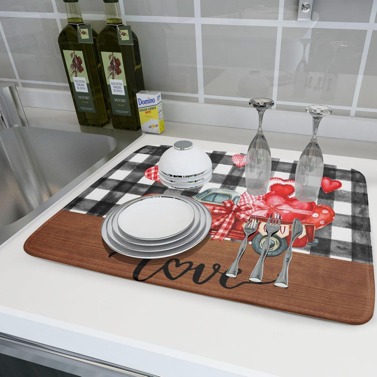 Valentine's Day Red Heart Truck Dish Drying Mat for Kitchen Counter,Black White Buffalo Plaid Love Drying Mat 18 x 24 Inch with Absorbent Reversible Microfiber Dish Drying Pad for Coffee Bar