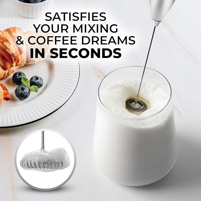Zulay Powerful Milk Frother for Coffee with Upgraded Titanium Motor - Handheld Electric Whisk, Foamer, Mini Mixer and Coffee Blender for Latte, Matcha, No Stand - Silver/Black