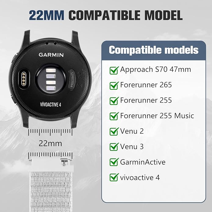 18mm 20mm 22mm Hook and Loop Watch Band Compatible with Garmin Vivoactive 5/ Vivoactive 6/ Vivoactive 3, Soft Nylon Breathable Sport Strap for Venu 2S/ Venu3S/ Forerunner 265s,Venu 3/ Venu 2 Men Women