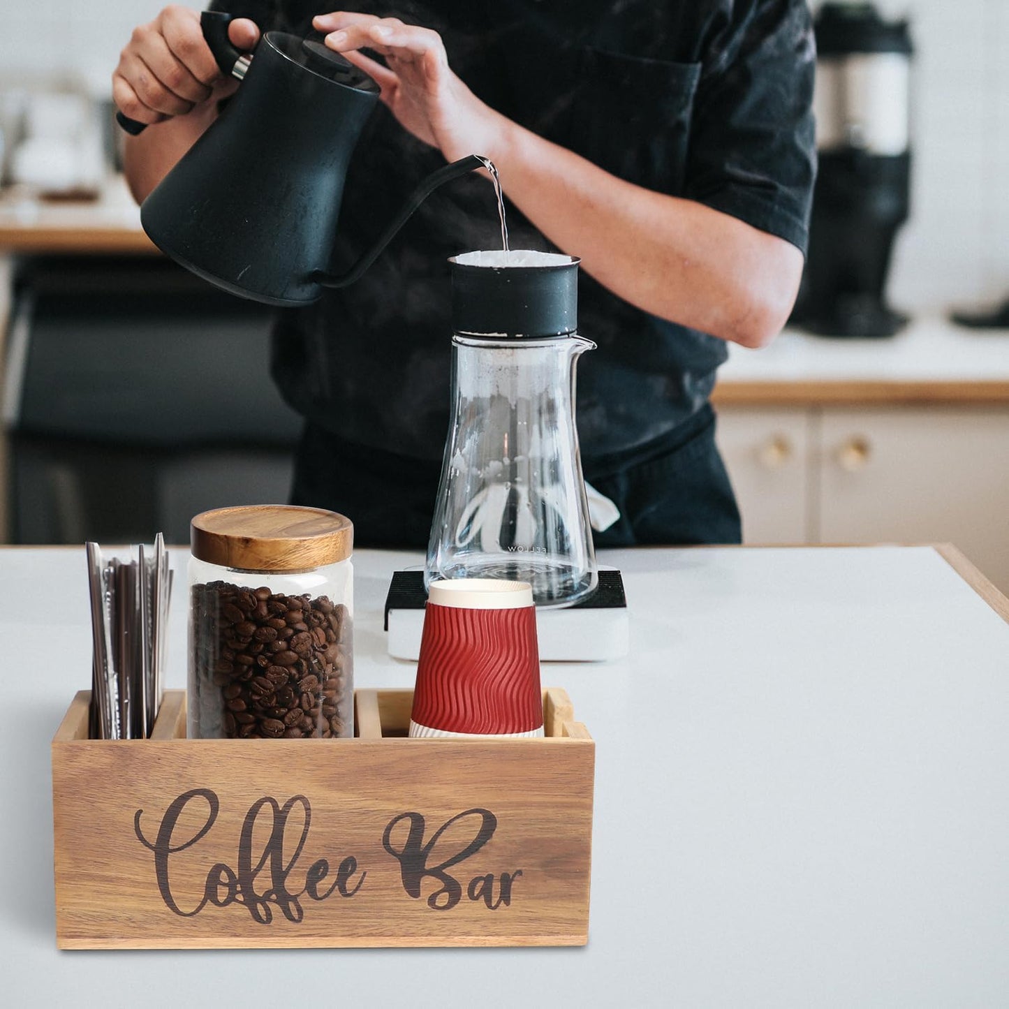 Acacia Wood Station Organizer,Coffee Station Organizer for Cup Lid Stirrers Pod, Disposable Coffee Cup Holder, Farmhouse Accessories Decor, Brown Labeled Coffee Bar