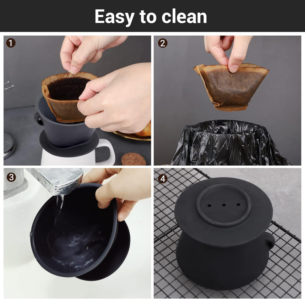 Segarty Silicone Pour Over Coffee Dripper, Black Collapsible Coffee Maker Single Cup with Storage Pouch, Camping Pourover Coffee Slow Brewer for Travel, Backpacking