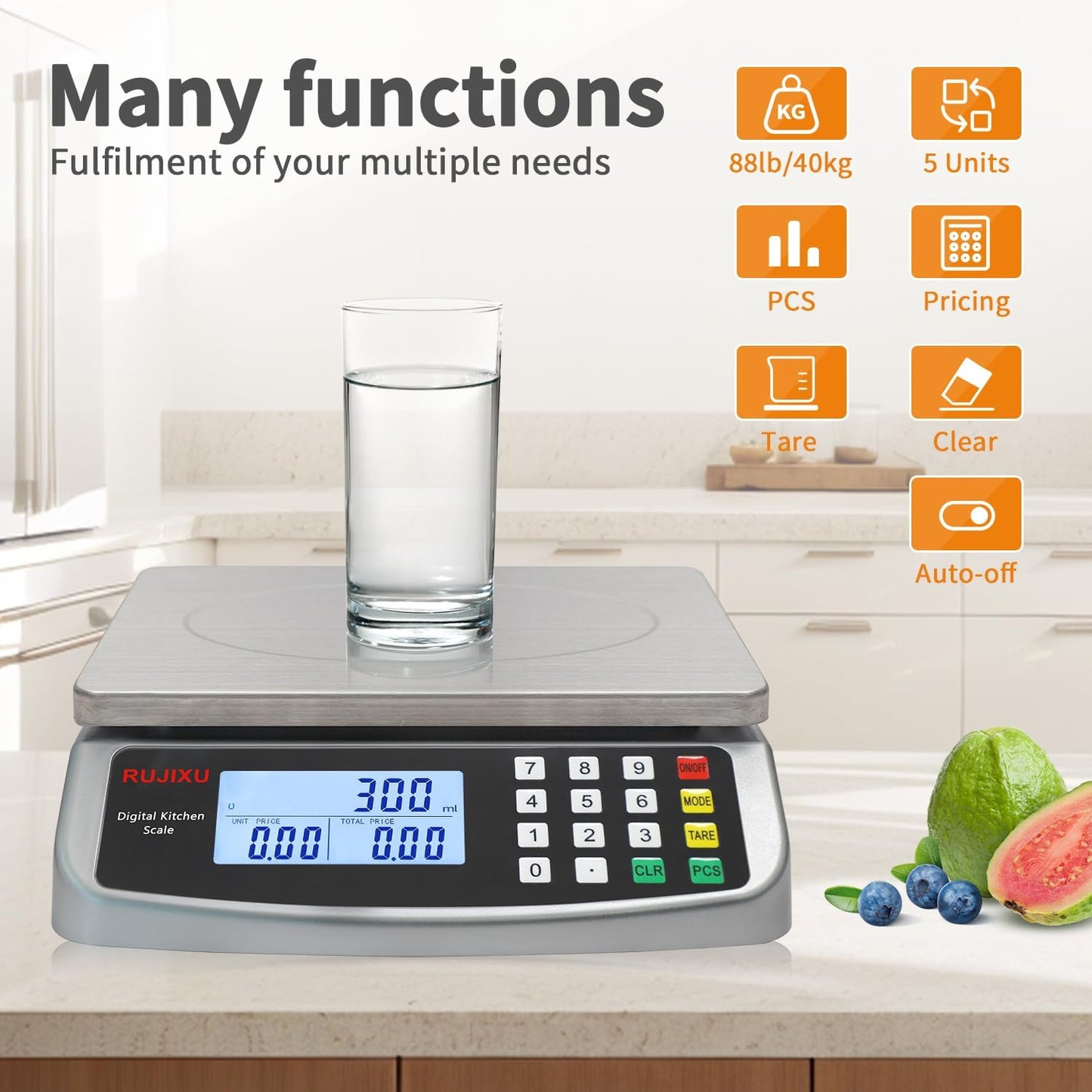Food Scale 88lb/40kg Large Digital Kitchen Scale 0.05oz/1g with Price Computing Commercial Scale 304 Stainless Steel gram Scale for Baking Cooking Meat Restaurant ,USB or AA Battery(Included)
