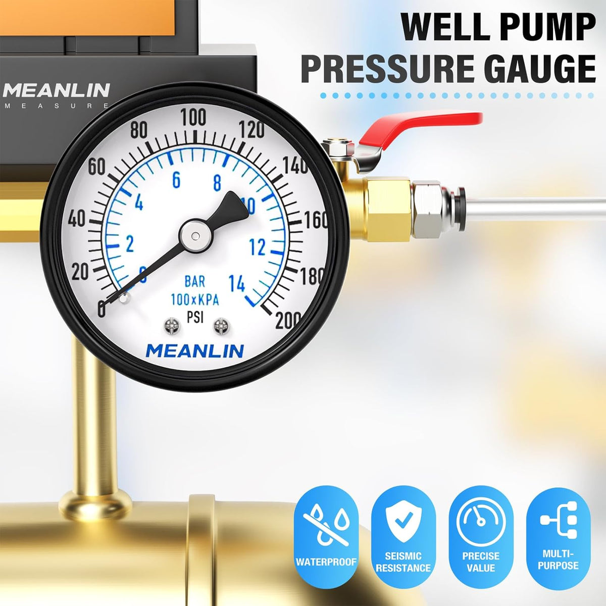 MEANLIN MEASURE 0-200Psi 2" DIAL FACE 1/8" NPT Well Pump Pressure Gauge, with 1/4" NPT and 3/8" NPT Hex Bushing, 3-2-3% Accuracy, Center Back Mount
