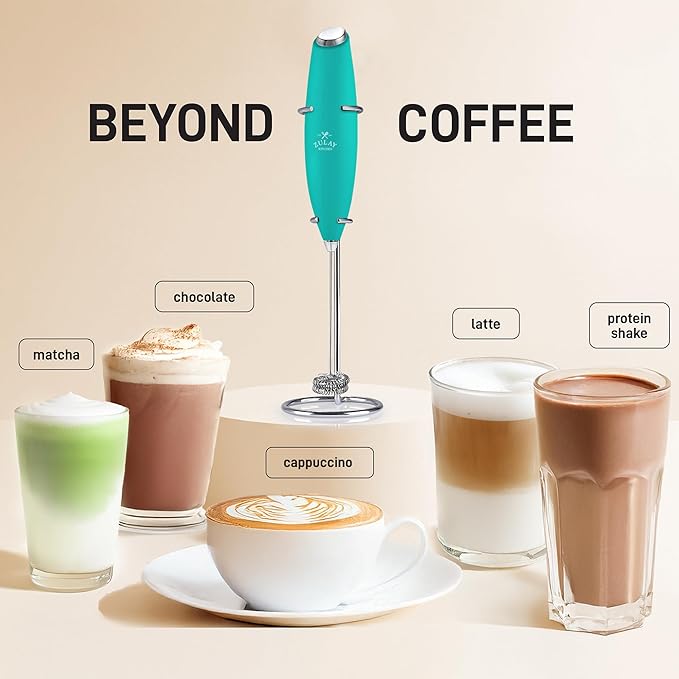 Zulay Kitchen Powerful Double Whisk Milk Frother Handheld - Foam Maker With Stand - Whisk Drink Mixer for Coffee, Mini Foamer for Latte, Matcha, Frappe, Hot Chocolate & Cappuccino (Caribbean Aqua)