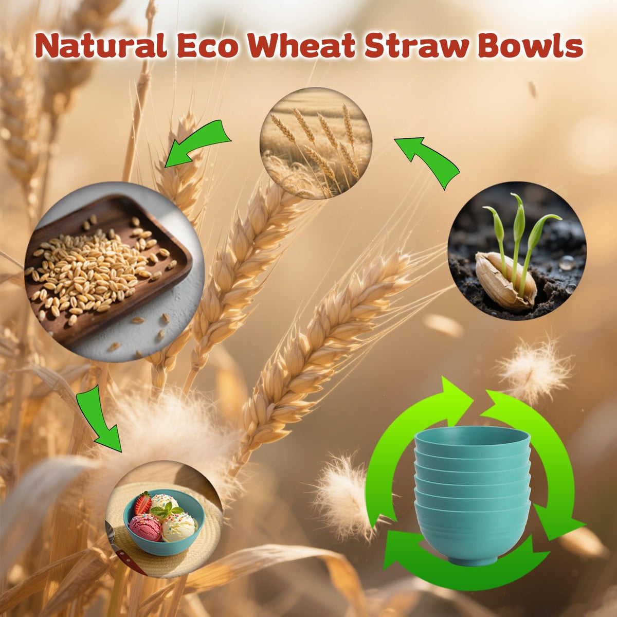 Small Wheat Straw Bowls Sets of 6,Dishwasher Safe and Microwave Safe Snack Bowls 10oz,Alternative Handy Plastic Bowls Reusable for Snack and Ice Cream.Green Series