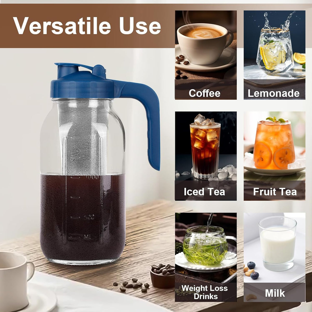 Cold Brew Coffee Maker Pitcher,32 Oz Glass Mason Jar Pitcher with V-shaped Pour Spout Handle Lid,Stainless Steel Filter for Iced Coffee,Iced tea,Breast Milk,Fruit Drinks,lemonade-Blue