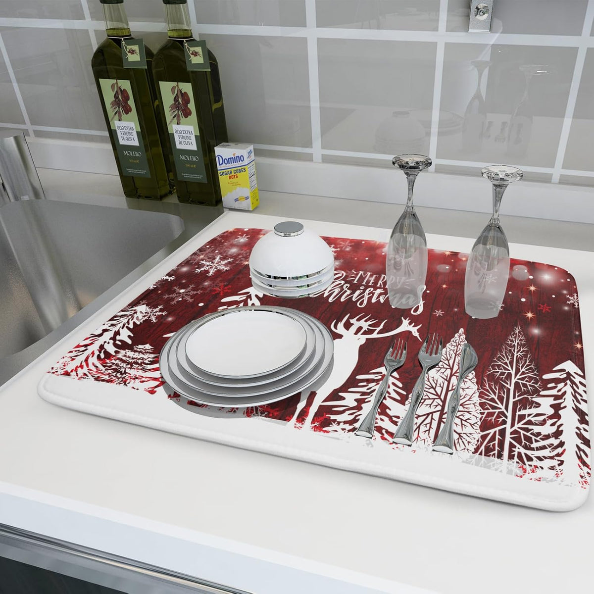 Merry Christmas Dish Drying Mats for Kitchen Counter 18x24 Inch Christmas Tree Kitchen Mat Reversible Absorbent Dish Drainer Farmhouse Dish Mats Drying Pad Dish Drainer Rack Mats for Winter Christmas